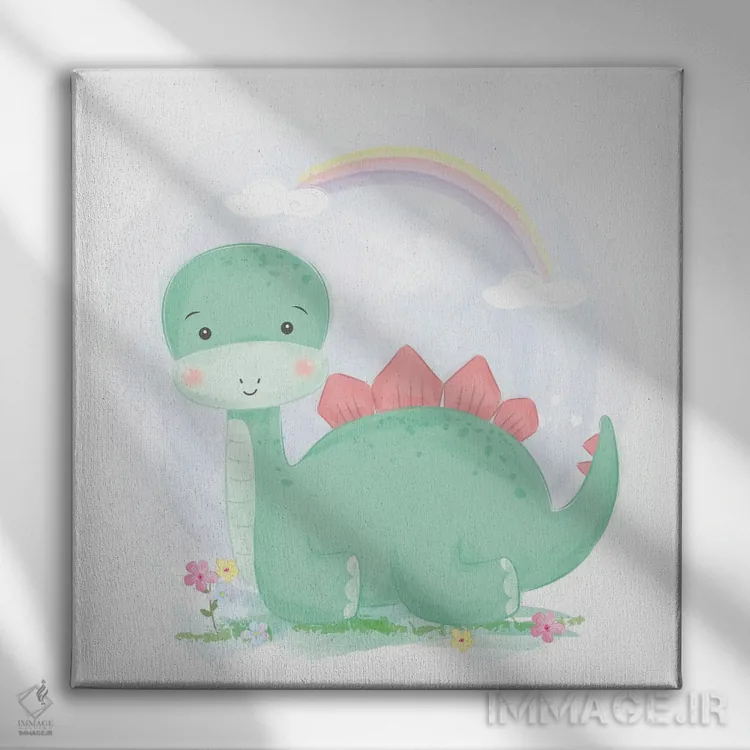 تابلو دایناسور سبز آبرنگی بامزه اثر آرت میرانو - نمای روبهرو روی دیوار