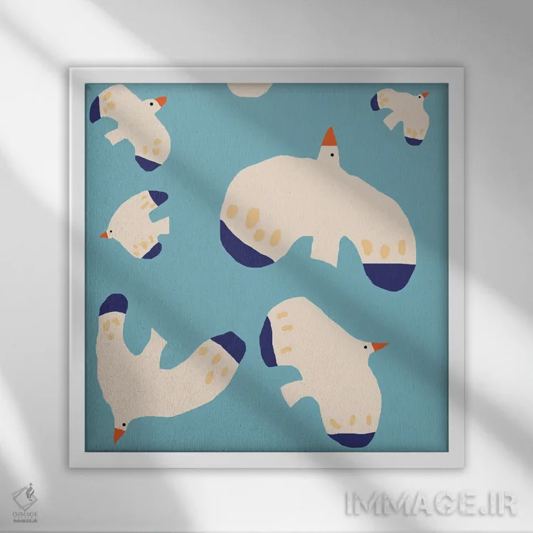 تابلو پرندگان در آسمان اثر آرت میرانو - نمای قابدار سفید