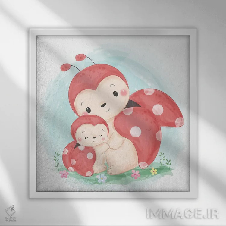 تابلو تصویر کفشدوزک مادر آبرنگی اثر آرت میرانو - نمای قابدار سفید