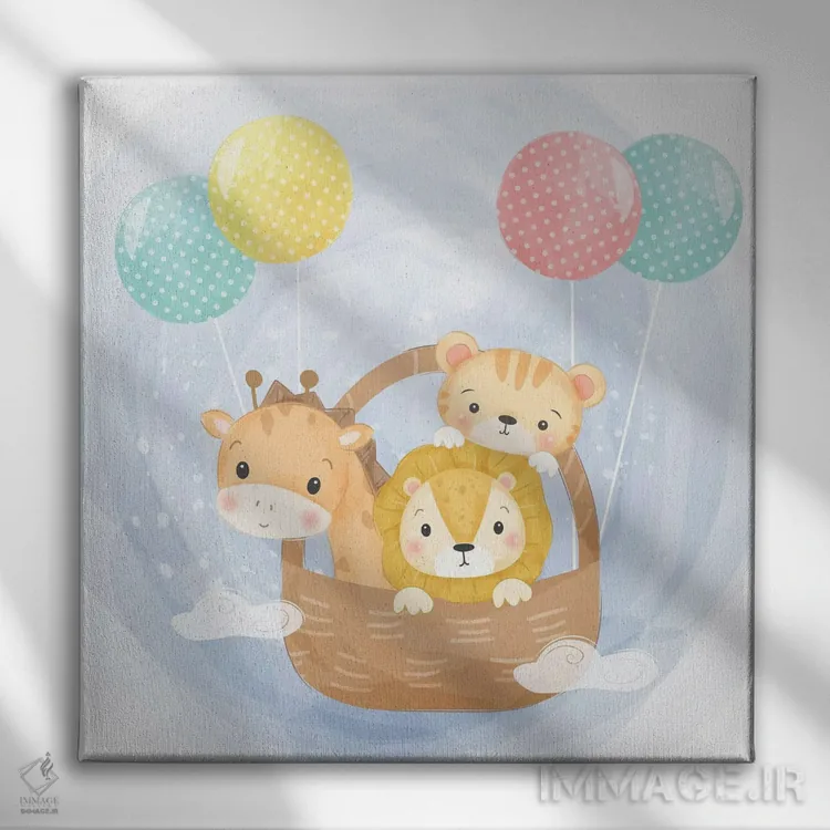 تابلو بچه حیواناتی که با بادکنک پرواز میکنند برای اتاق کودک اثر آرت میرانو - نمای روبهرو روی دیوار