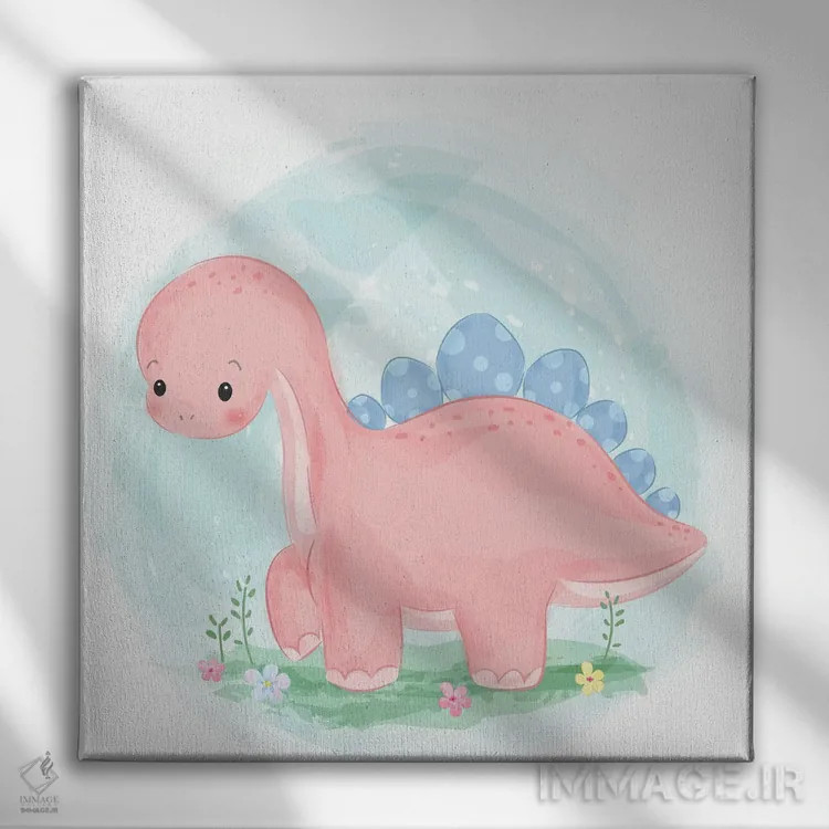 تابلو تصویرسازی دایناسور صورتی اثر آرت میرانو - نمای روبهرو روی دیوار