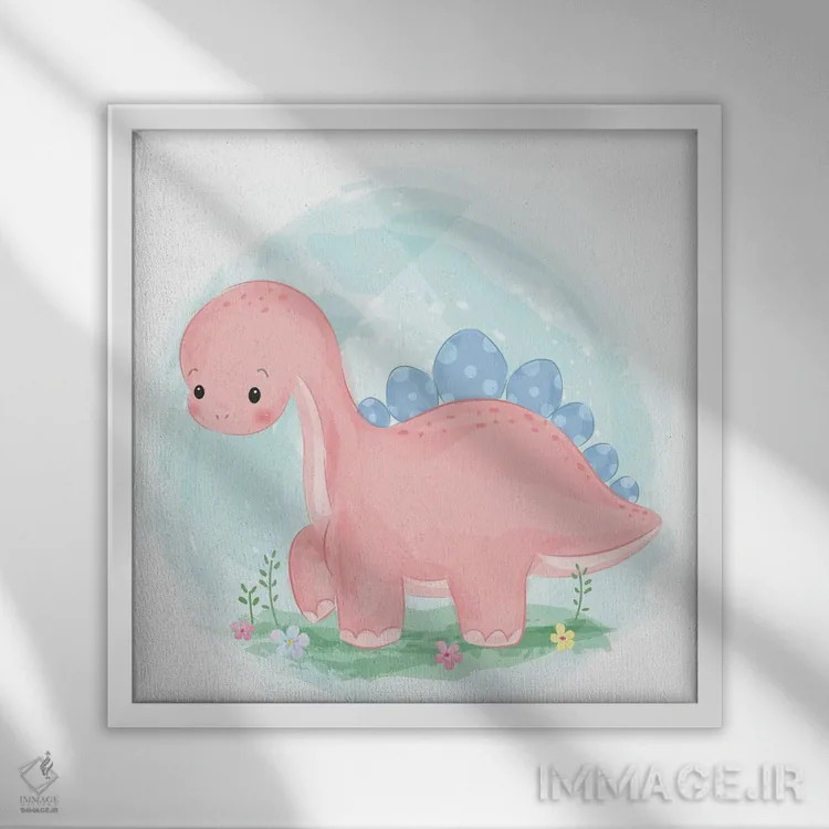تابلو تصویرسازی دایناسور صورتی اثر آرت میرانو - نمای قابدار سفید