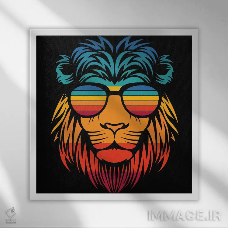 تابلو شیر با عینک آفتابی اثر آرت میرانو - نمای قابدار سفید