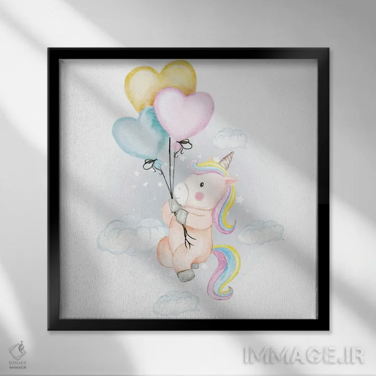 تابلو تکشاخ پرنده با بادکنکهای قلبی اثر آرت میرانو - نمای قابدار مشکی