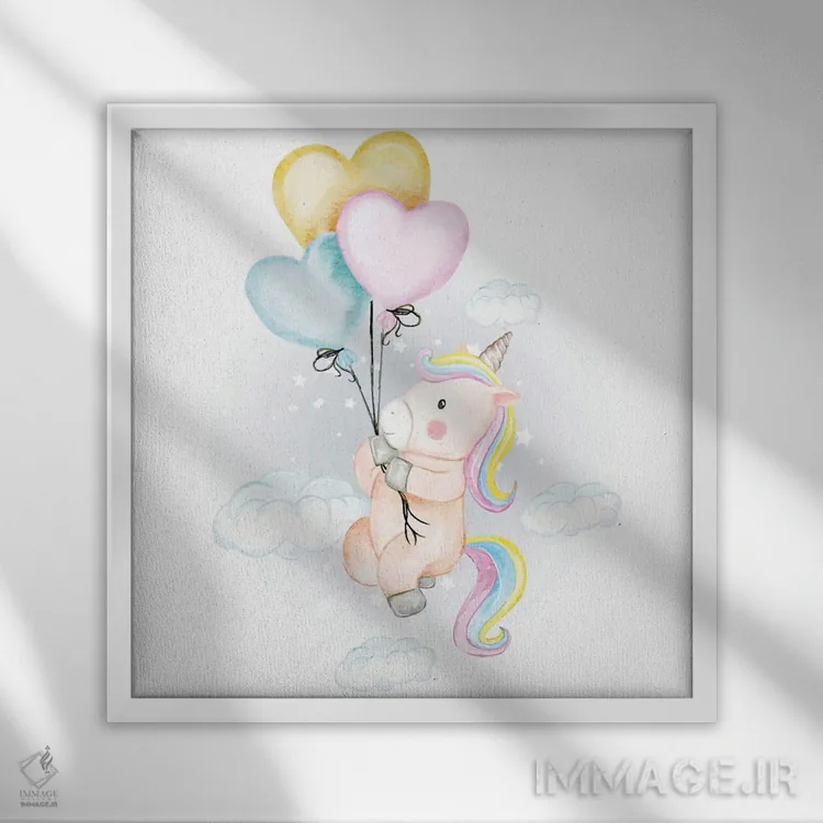 تابلو تکشاخ پرنده با بادکنکهای قلبی اثر آرت میرانو - نمای قابدار سفید