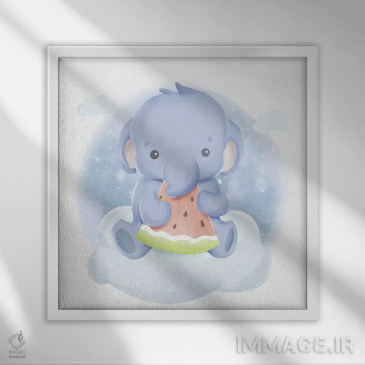 تابلو بچه فیل و هندوانه اثر آرت میرانو - نمای قابدار سفید