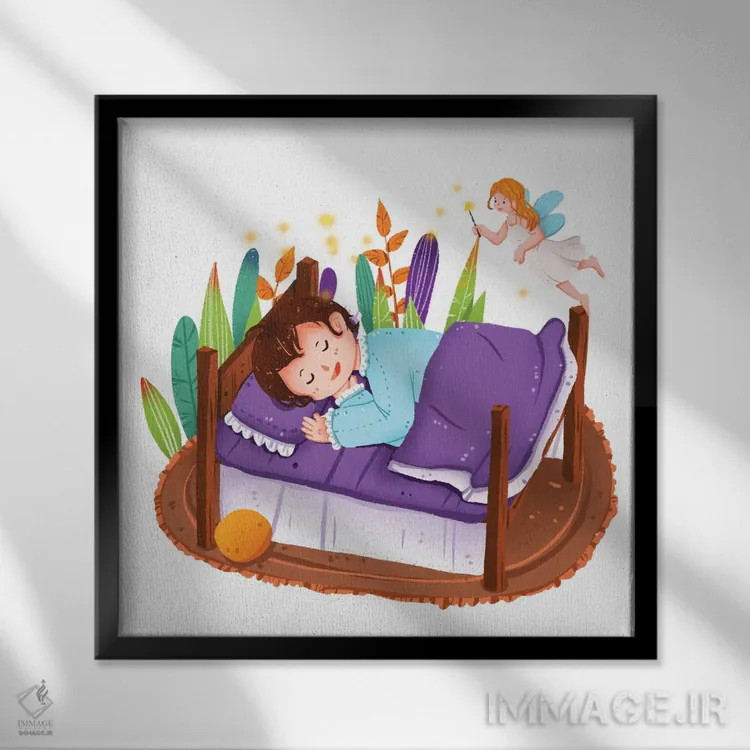 تابلو کودکان و الفها در حال خواب اثر آرت میرانو - نمای قابدار مشکی