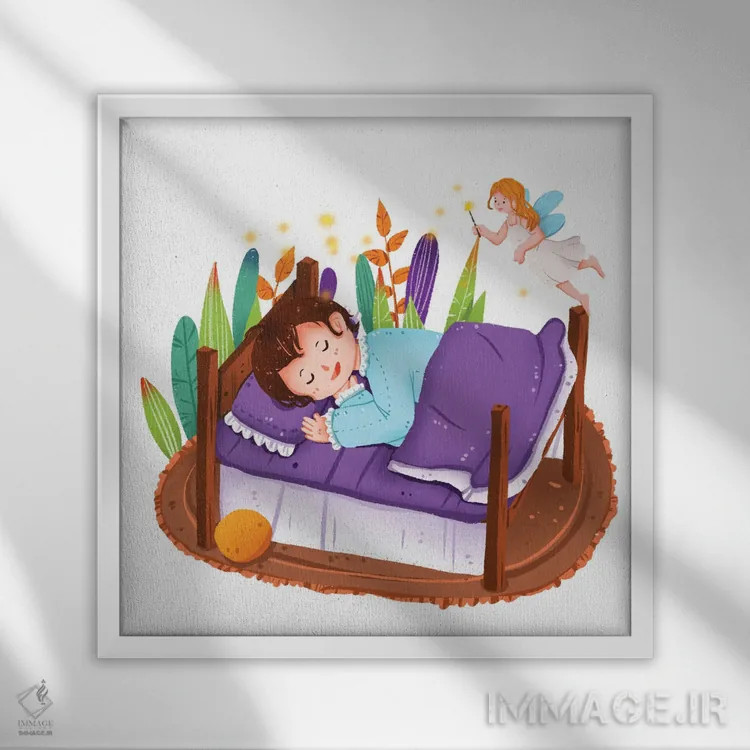 تابلو کودکان و الفها در حال خواب اثر آرت میرانو - نمای قابدار سفید