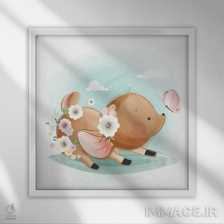 تابلو آهو در حال بوسیدن پروانه اثر آرت میرانو - نمای قابدار سفید