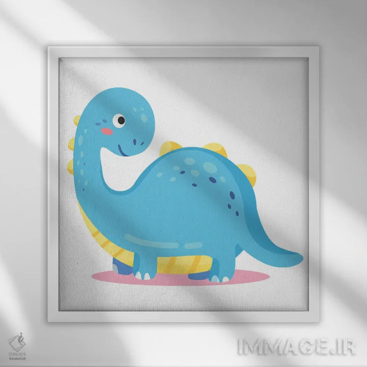 تابلو دایناسور آبی برای اتاق کودک اثر آرت میرانو - نمای قابدار سفید