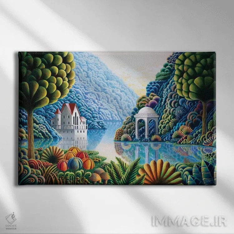 تابلو دریاچهٔ سبز-آبی اثر اندی راسل - نمای روبهرو روی دیوار