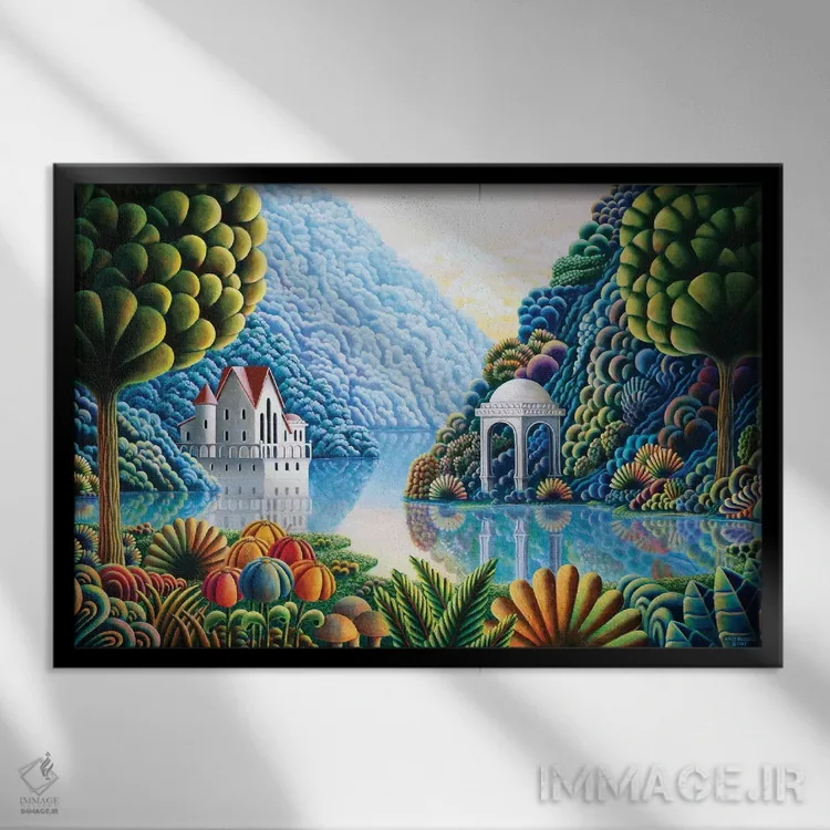 تابلو دریاچهٔ سبز-آبی اثر اندی راسل - نمای قابدار مشکی