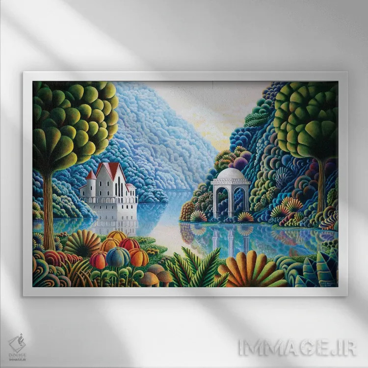 تابلو دریاچهٔ سبز-آبی اثر اندی راسل - نمای قابدار سفید