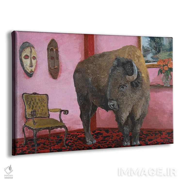 تابلو گاومیش آمریکایی روی پسزمینه قرمز اثر آرتور ریو - نمای پرسپکتیو محصول