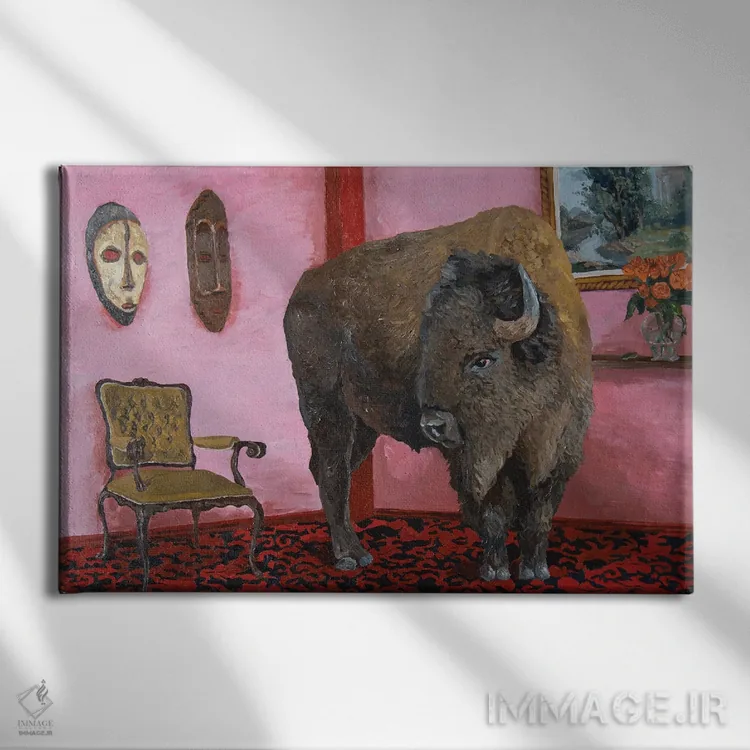تابلو گاومیش آمریکایی روی پسزمینه قرمز اثر آرتور ریو - نمای روبهرو روی دیوار