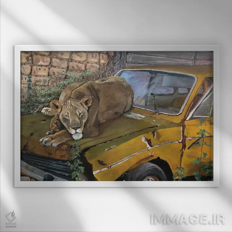 تابلو شیر مادهٔ استراحتکننده اثر آرتور ریو - نمای قابدار سفید