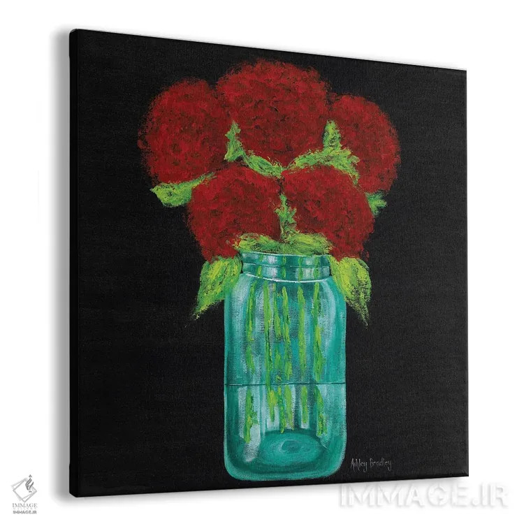 تابلو هورتانسیاهای قرمز در شیشهٔ میسون اثر اشلی بردلی - نمای پرسپکتیو محصول