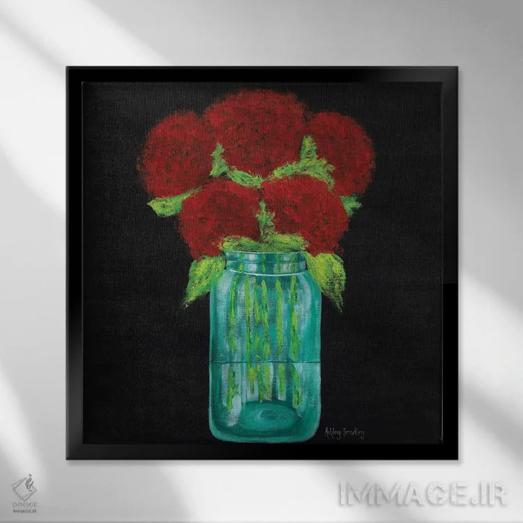 تابلو هورتانسیاهای قرمز در شیشهٔ میسون اثر اشلی بردلی - نمای قابدار مشکی