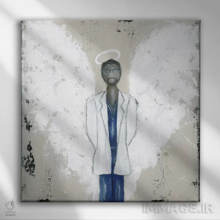 تابلو فرشتهٔ دکتر آفریقایی-آمریکایی اثر اشلی بردلی - نمای روبهرو روی دیوار