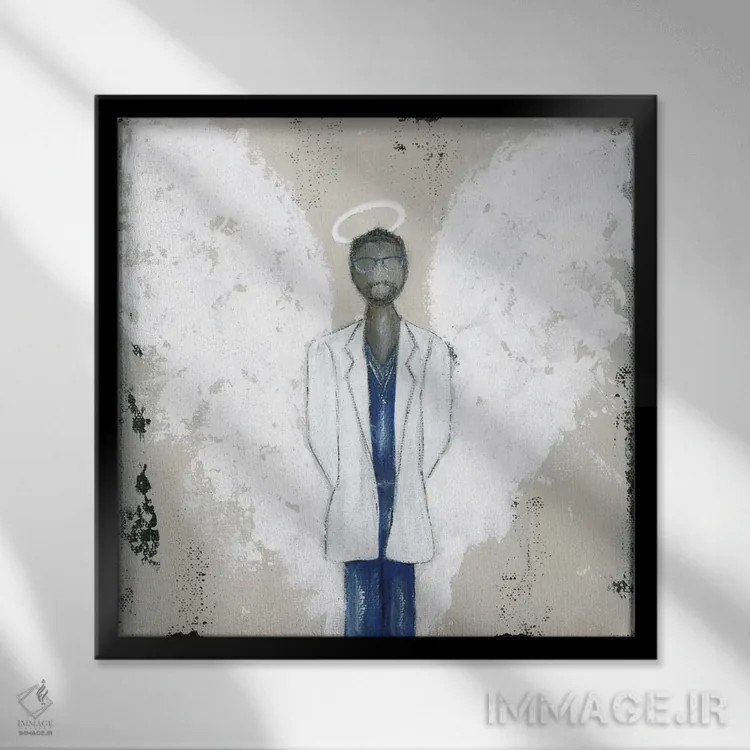 تابلو فرشتهٔ دکتر آفریقایی-آمریکایی اثر اشلی بردلی - نمای قابدار مشکی