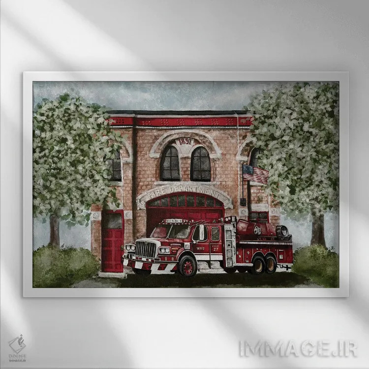 تابلو ماشین آتشنشانی قدیمی اثر اشلی بردلی - نمای قابدار سفید