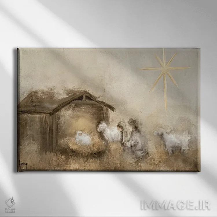 تابلو تولد بیطرفانه (صحنه تولد عیسی با رنگهای خنثی) اثر اشلی بردلی - نمای روبهرو روی دیوار