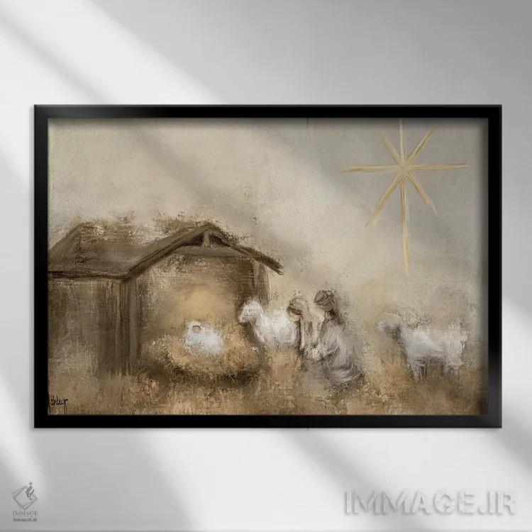 تابلو تولد بیطرفانه (صحنه تولد عیسی با رنگهای خنثی) اثر اشلی بردلی - نمای قابدار مشکی