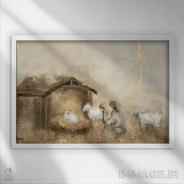 تابلو تولد بیطرفانه (صحنه تولد عیسی با رنگهای خنثی) اثر اشلی بردلی - نمای قابدار سفید