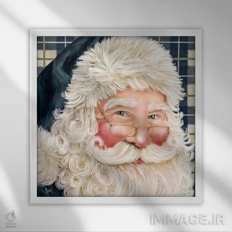 تابلو بابانوئل شطرنجی سرمهای اثر اشلی بردلی - نمای قابدار سفید