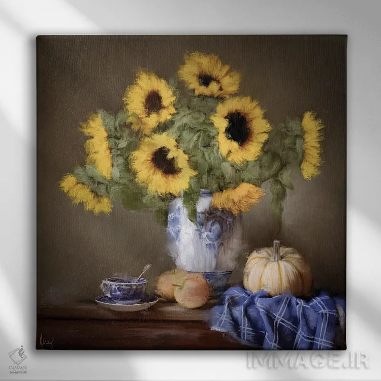 تابلو آفتابگردانها و قهوه اثر اشلی بردلی - نمای روبهرو روی دیوار
