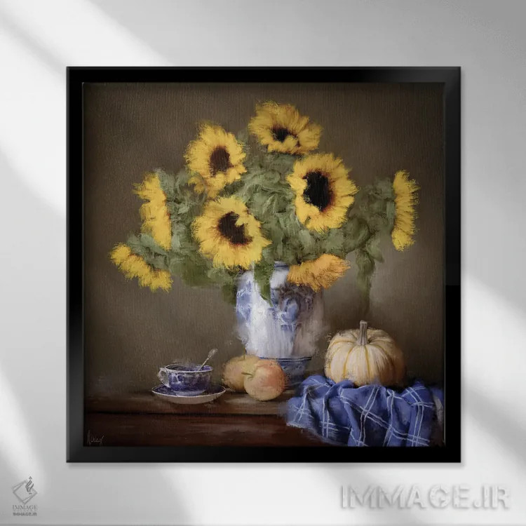 تابلو آفتابگردانها و قهوه اثر اشلی بردلی - نمای قابدار مشکی