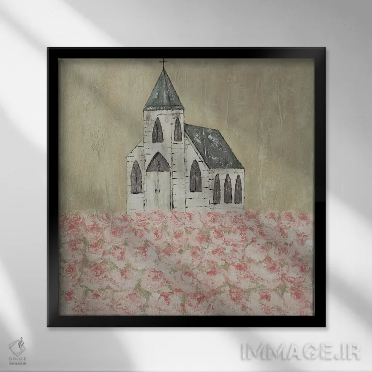 تابلو کلیسا و مزرعهٔ گل صدتومانی اثر اشلی بردلی - نمای قابدار مشکی