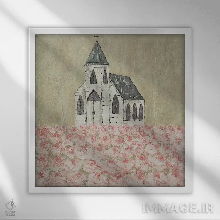 تابلو کلیسا و مزرعهٔ گل صدتومانی اثر اشلی بردلی - نمای قابدار سفید