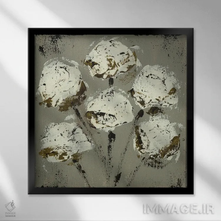 تابلو ساقههای پنبه خاکستری اثر اشلی بردلی - نمای قابدار مشکی