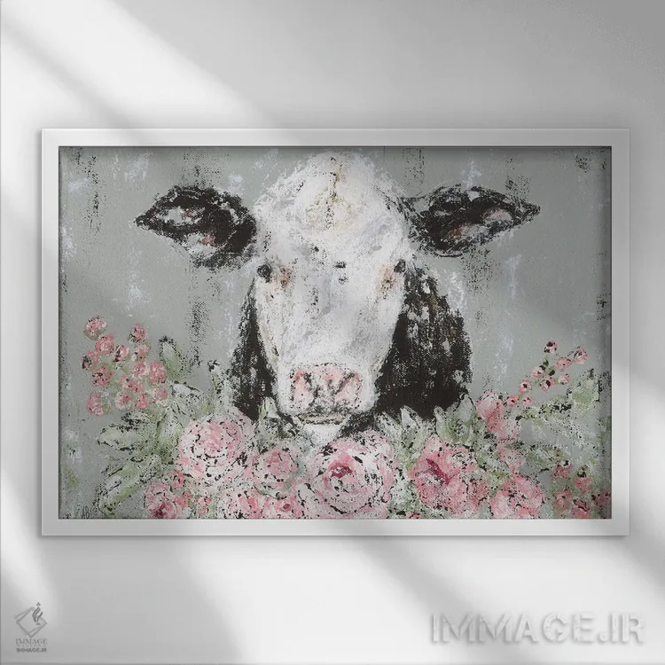 تابلو گاو گلدار اثر اشلی بردلی - نمای قابدار سفید