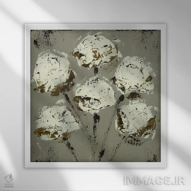 تابلو ساقههای پنبه خاکستری اثر اشلی بردلی - نمای قابدار سفید