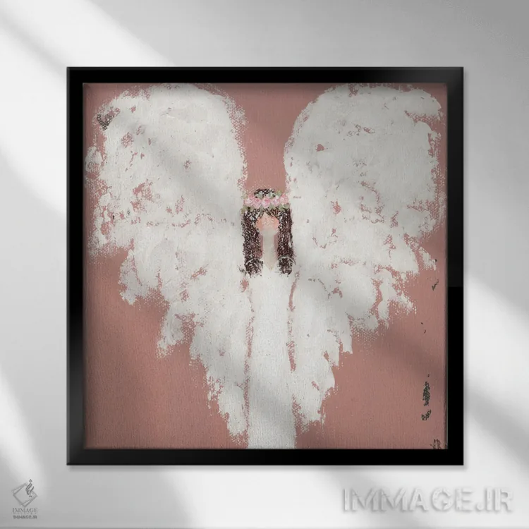 تابلو فرشتهٔ صورتی با هالهٔ گل اثر اشلی بردلی - نمای قابدار مشکی