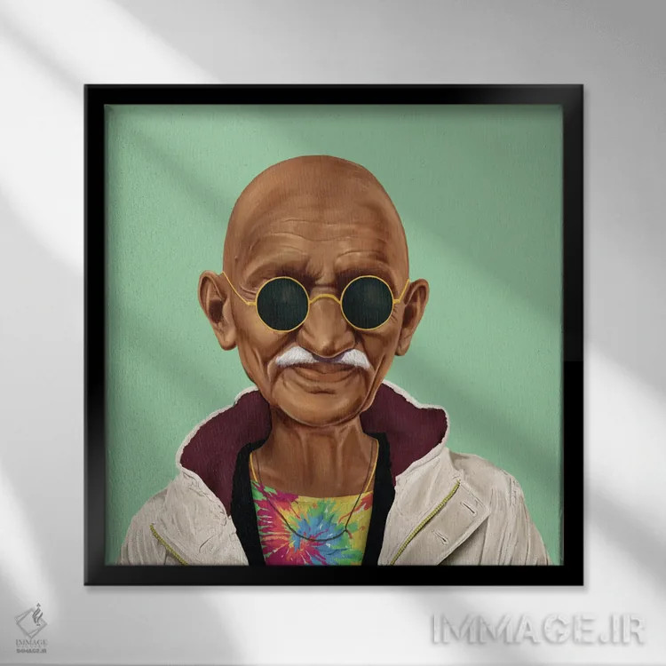 تابلو مهاتما گاندی (رهبر هند) اثر امت شیمونی - نمای قابدار مشکی