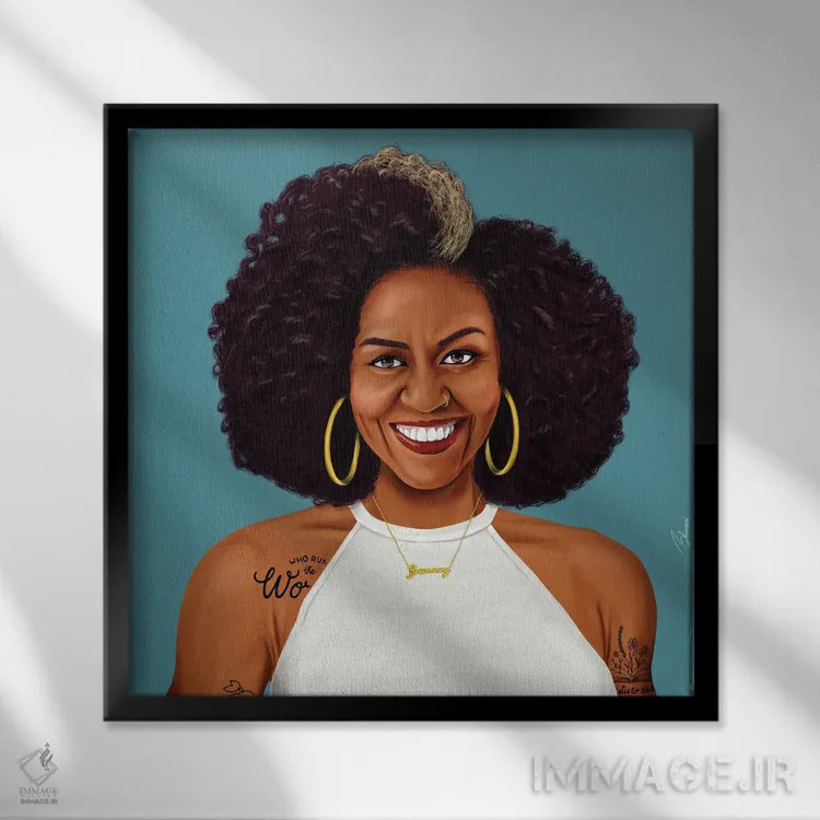 تابلو میشل اوباما (بانوی اول سابق آمریکا) اثر امت شیمونی - نمای قابدار مشکی