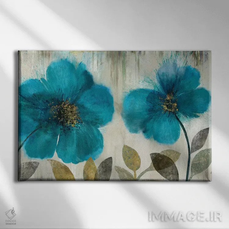 تابلو گلهای آبی سبز (Teal) اثر آسیا جنسن - نمای روبهرو روی دیوار