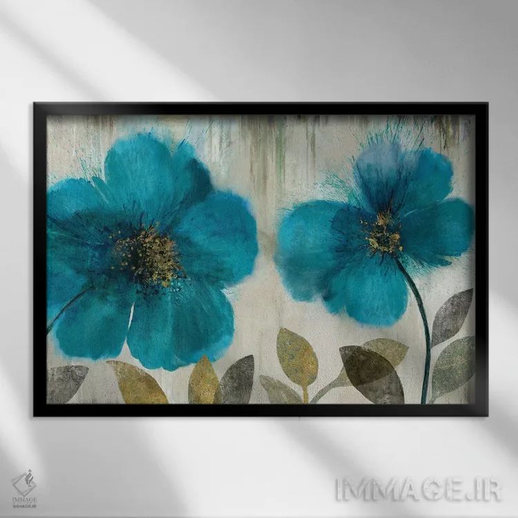 تابلو گلهای آبی سبز (Teal) اثر آسیا جنسن - نمای قابدار مشکی