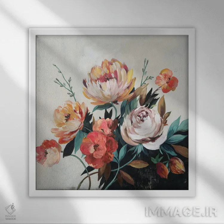 تابلو دستهگل رنگهای پاییزی اثر آسیا جنسن - نمای قابدار سفید