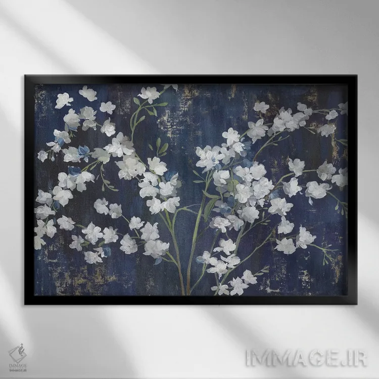 تابلو شکوفههای سرمهای اثر آسیا جنسن - نمای قابدار مشکی