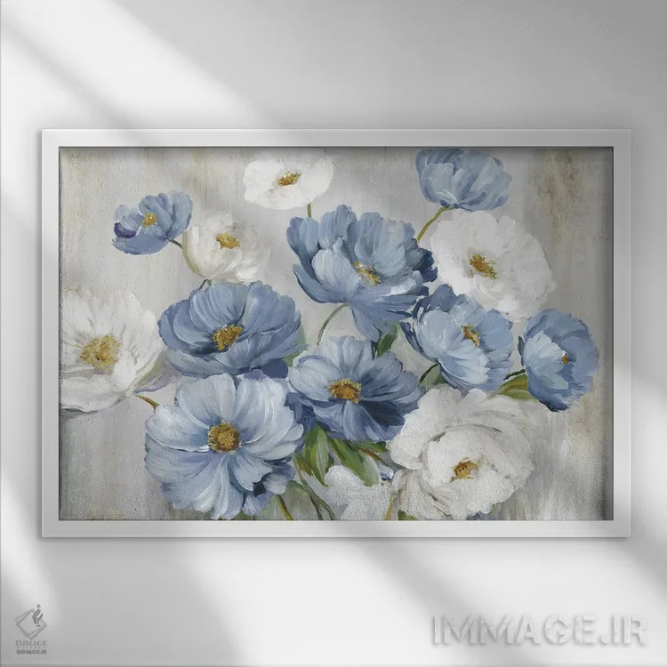 تابلو گلهای زمستانی آبی اثر آسیا جنسن - نمای قابدار سفید