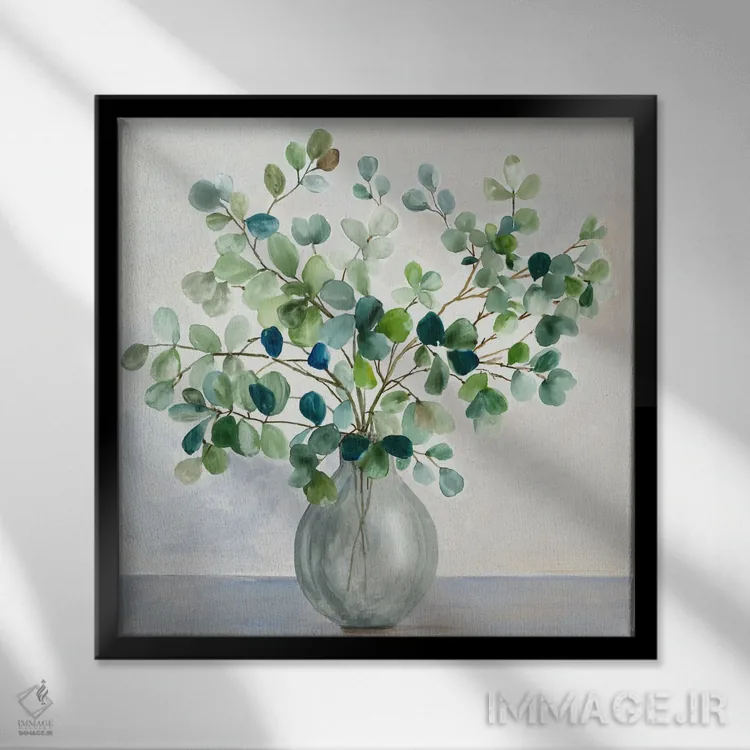 تابلو گلدان شیشهای سبز اثر آسیا جنسن - نمای قابدار مشکی