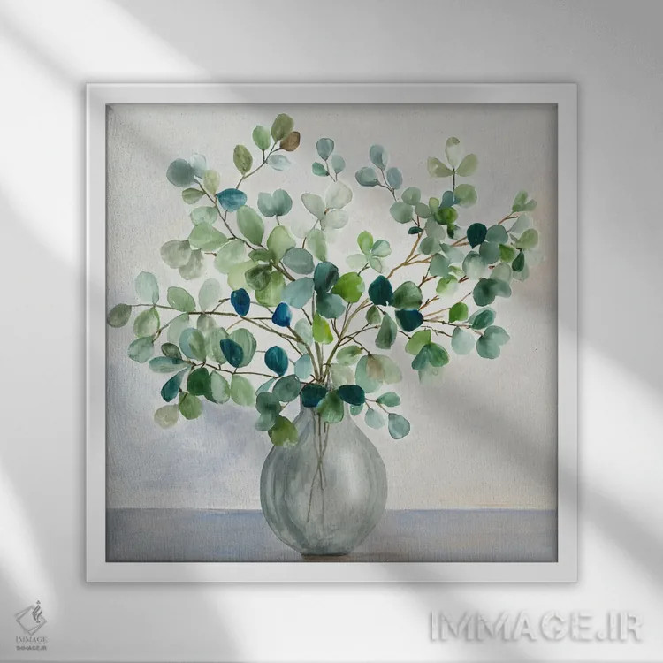 تابلو گلدان شیشهای سبز اثر آسیا جنسن - نمای قابدار سفید