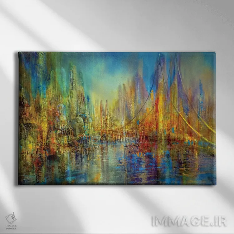 تابلو The River, The Bridge, Vivant Life,شهر، رود، پل، زندگی پویا اثر آنت شموکر - نمای روبهرو روی دیوار