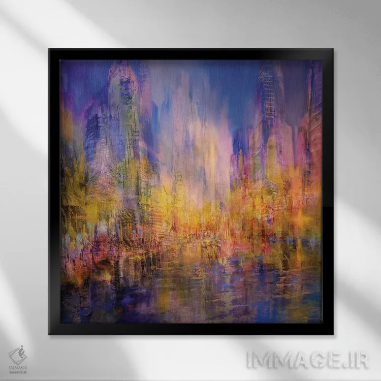 تابلو شهر کنار رود - نور طلایی اثر آنت شموکر - نمای قابدار مشکی