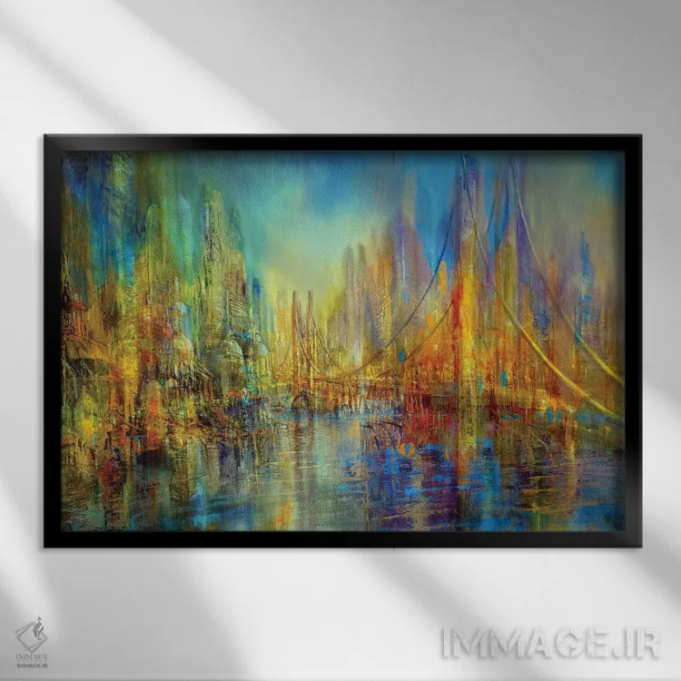 تابلو The River, The Bridge, Vivant Life,شهر، رود، پل، زندگی پویا اثر آنت شموکر - نمای قابدار مشکی