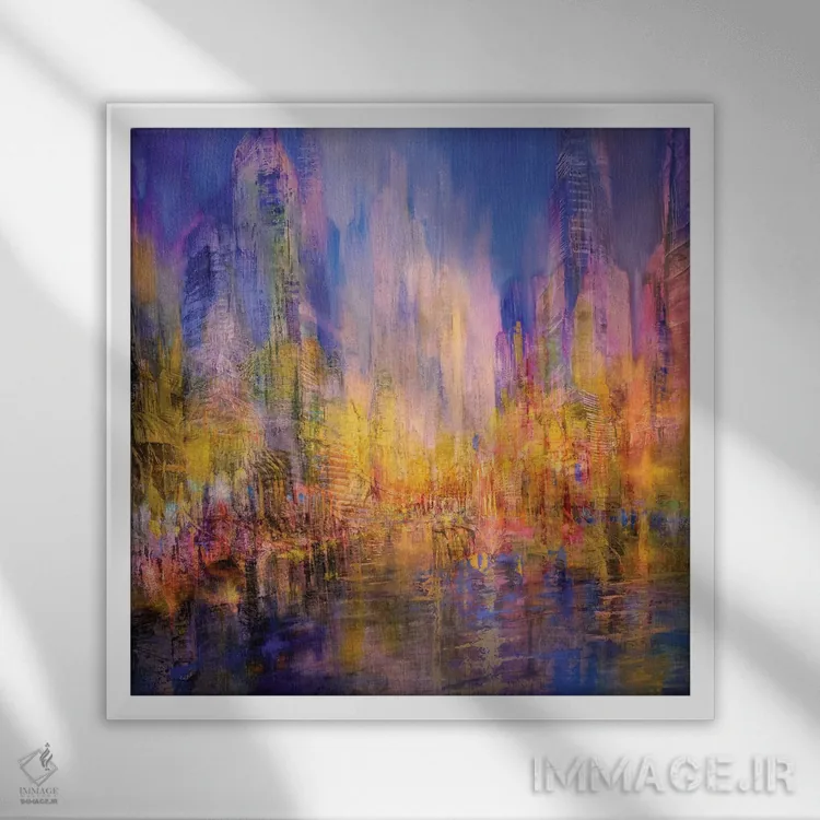 تابلو شهر کنار رود - نور طلایی اثر آنت شموکر - نمای قابدار سفید